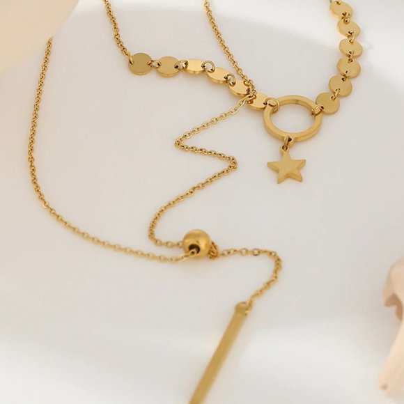 New 18K Gold Plated Circle Bar Coin Star Double Layer Necklace - Picture 4 of 6